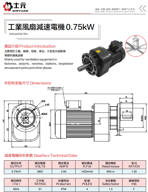 0.75KW工業(yè)風(fēng)扇減速電機 士元吊扇減速機