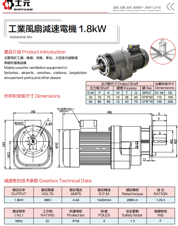 1.8KW工業(yè)風(fēng)扇減速電機 士元吊扇減速機